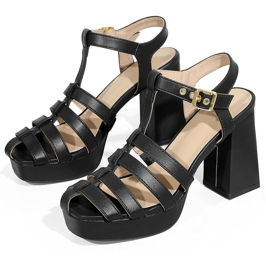 Black T- Strap Block heels (7W)