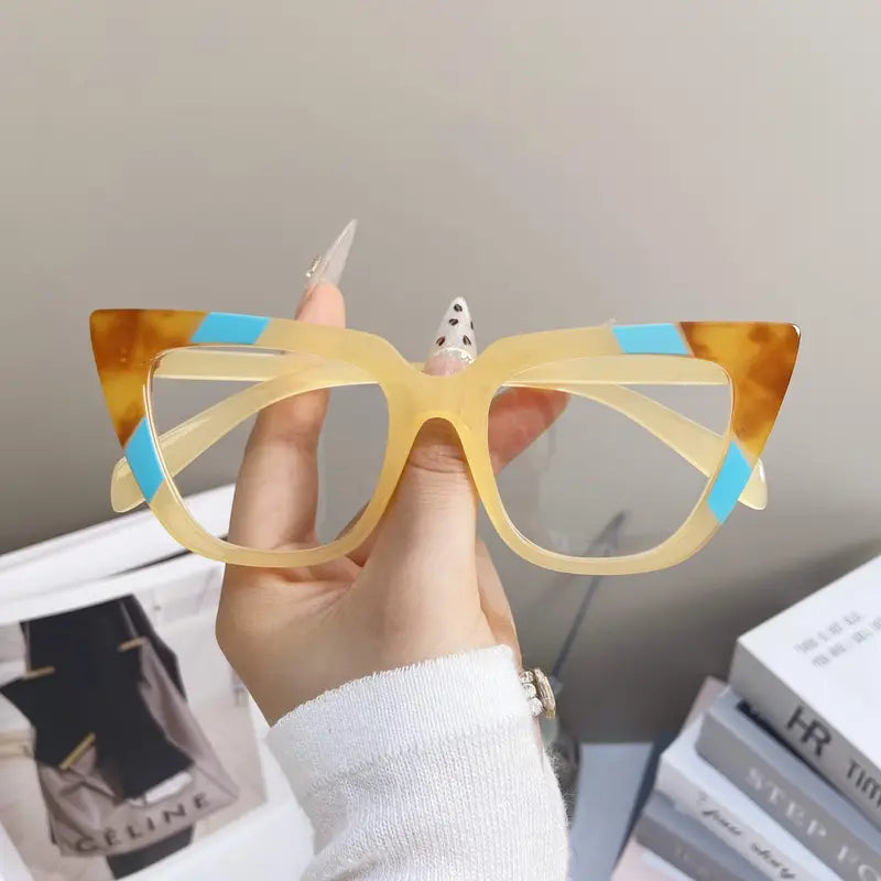 Translucent Tan/ Blue/ Brown Marble Cat-Eye Glasses