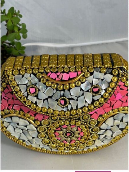 Ramla Bag - Pink/Gold/White Mosaic (Clutch/Crossbody) Handmade