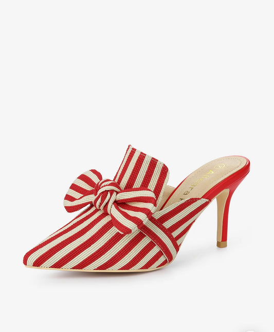Stripe Bow Slip on Stiletto Heel Slide in Mules (9W)