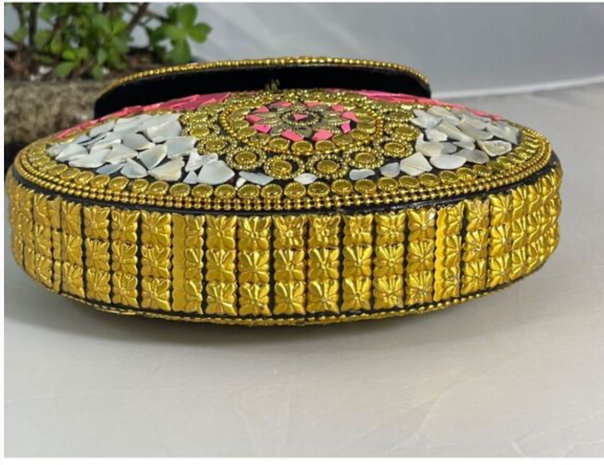 Ramla Bag - Pink/Gold/White Mosaic (Clutch/Crossbody) Handmade