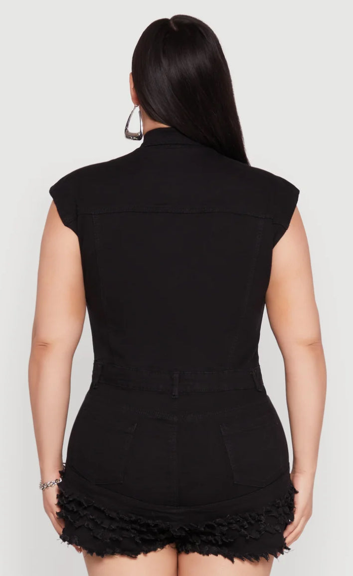 Women's Plus Size Daisy Frayed Tiered Hem Denim Romper - black 1X