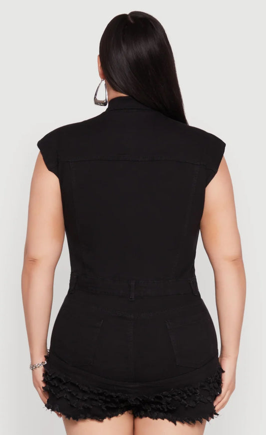 Women's Plus Size Daisy Frayed Tiered Hem Denim Romper - black 1X