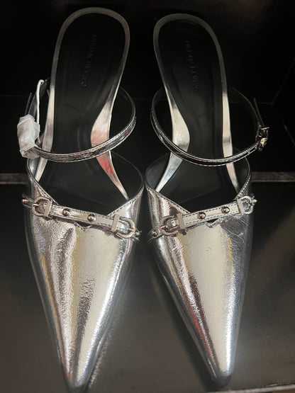 Silver Pointed Toe Mule size 8
