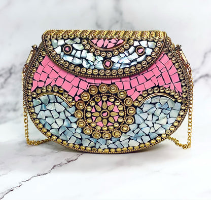 Ramla Bag - Pink/Gold/White Mosaic (Clutch/Crossbody) Handmade