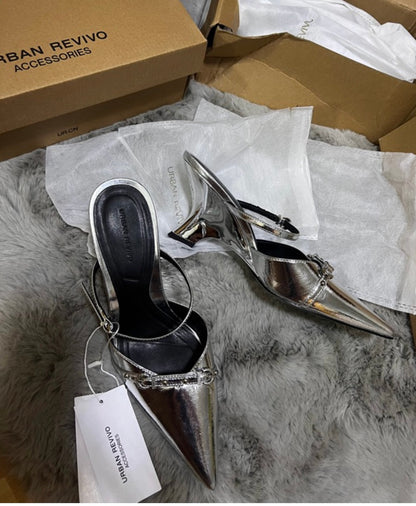 Silver Pointed Toe Mule size 8
