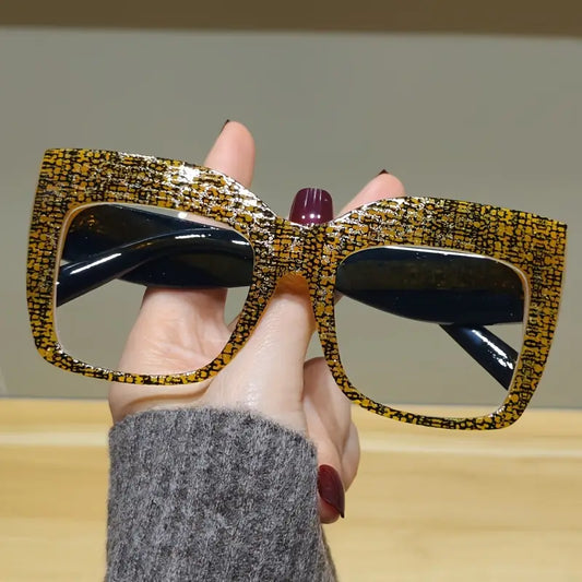 Large Yellow/Black/Gold Waffle Print Square Glasses